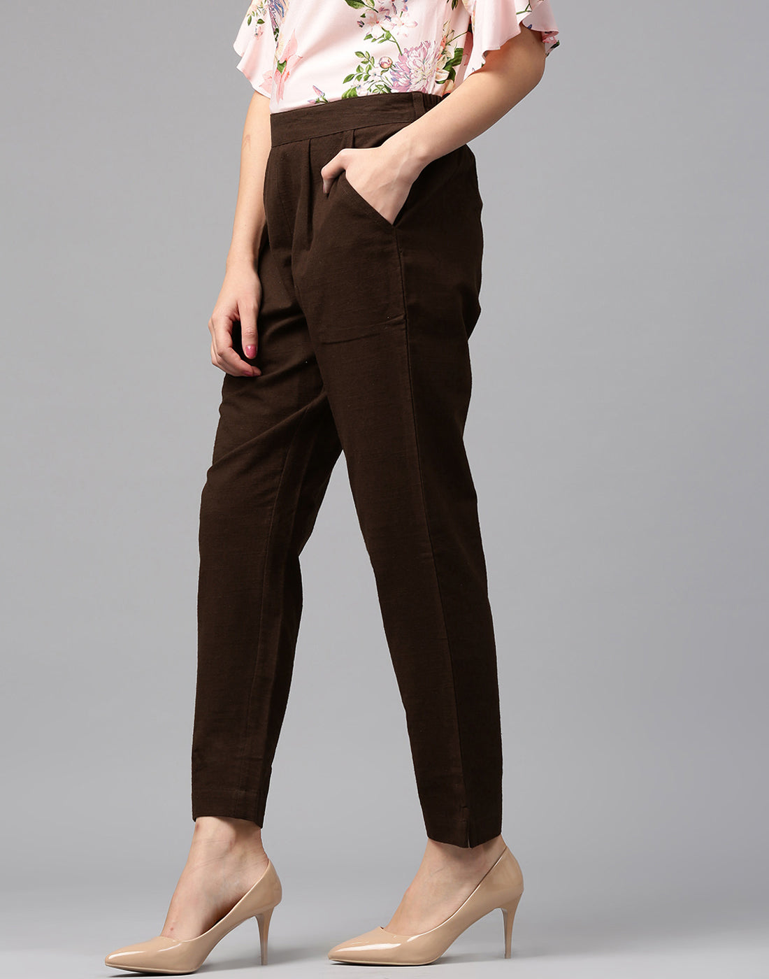 Brown Solid Cotton Slub Straight Pants