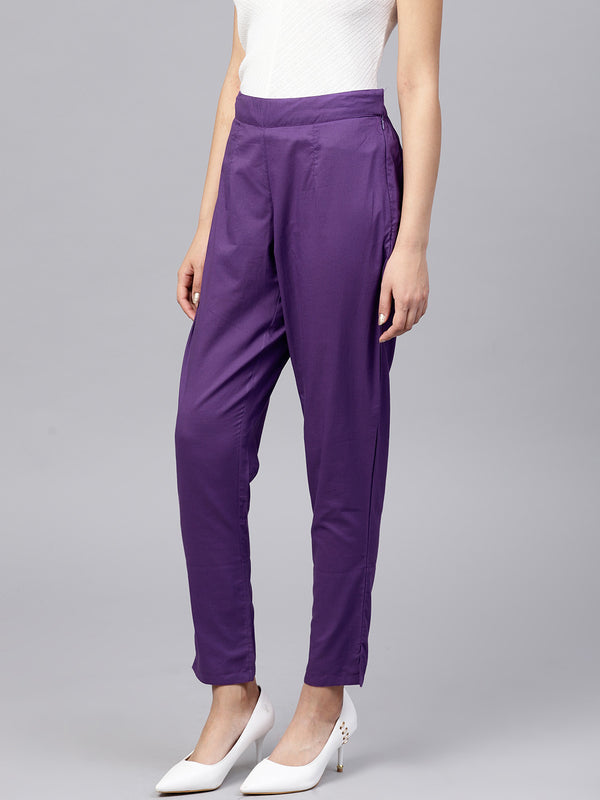 Purple Solid Straight Cotton Cambric Pants