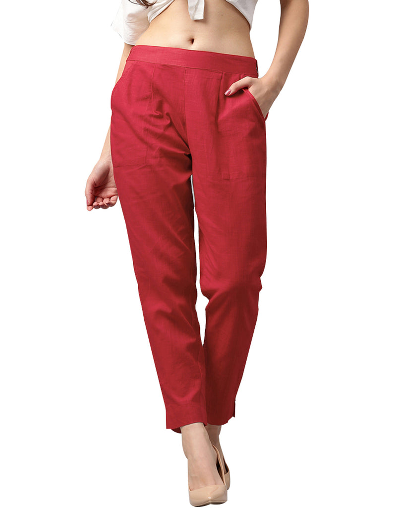 Get Red Color Slub Cotton Solid Pants