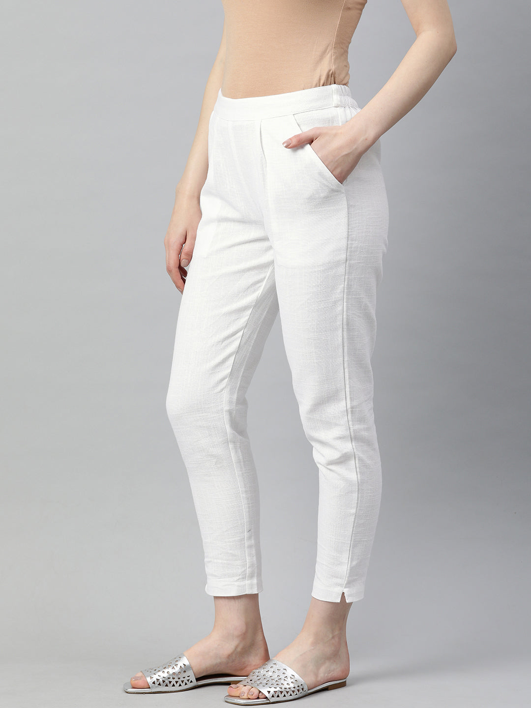 White Solid Cotton Slub Straight Pants