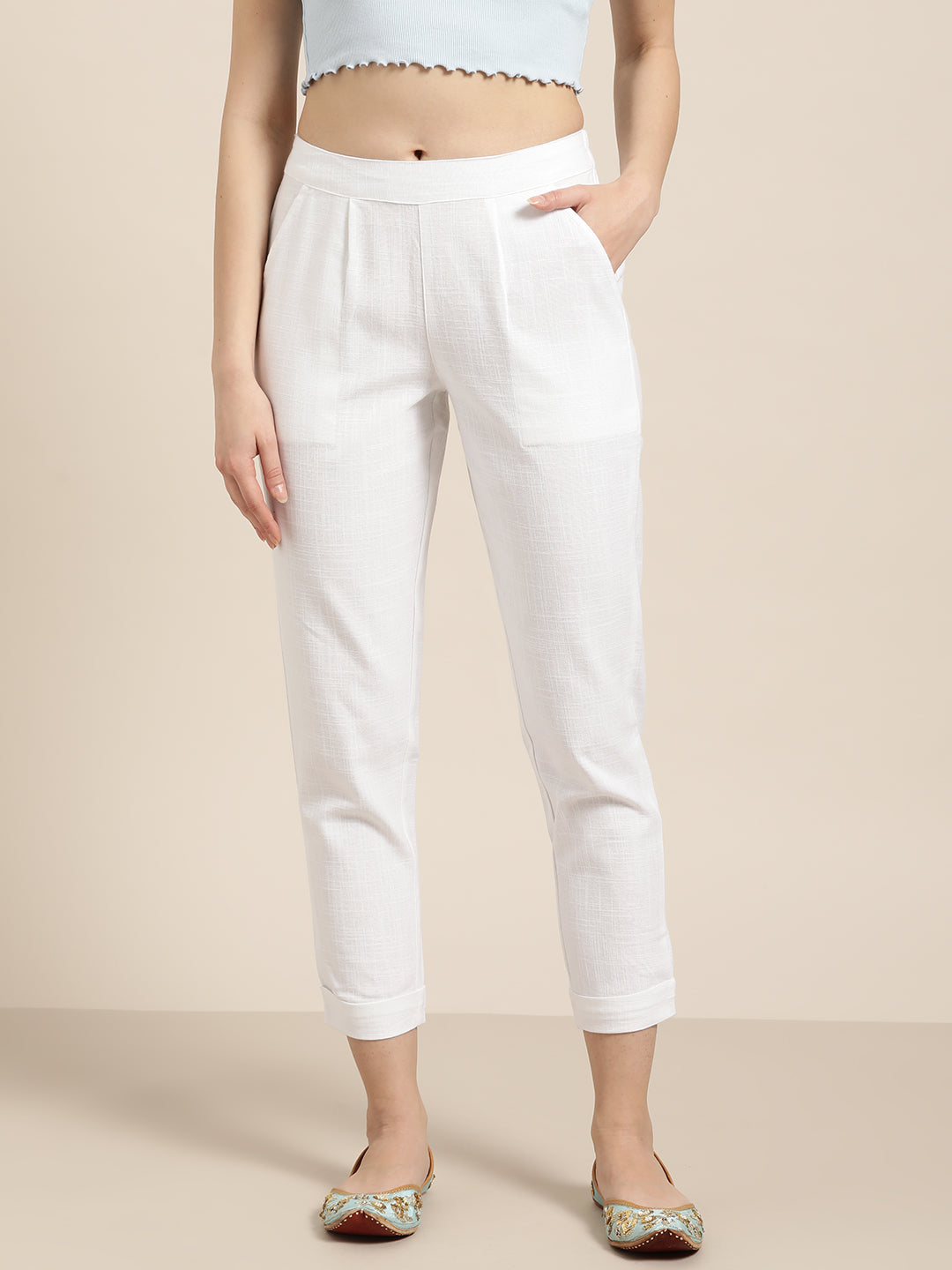 White Cotton Slub Bottom-Fold Straight Pants