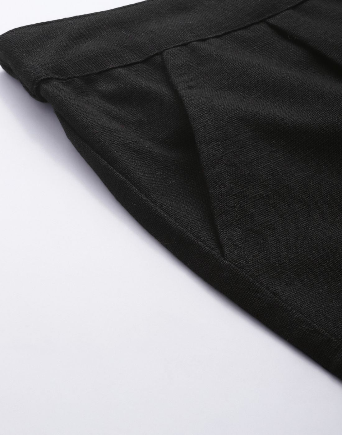 Black Cotton Slub Bottom-Fold Straight Pants