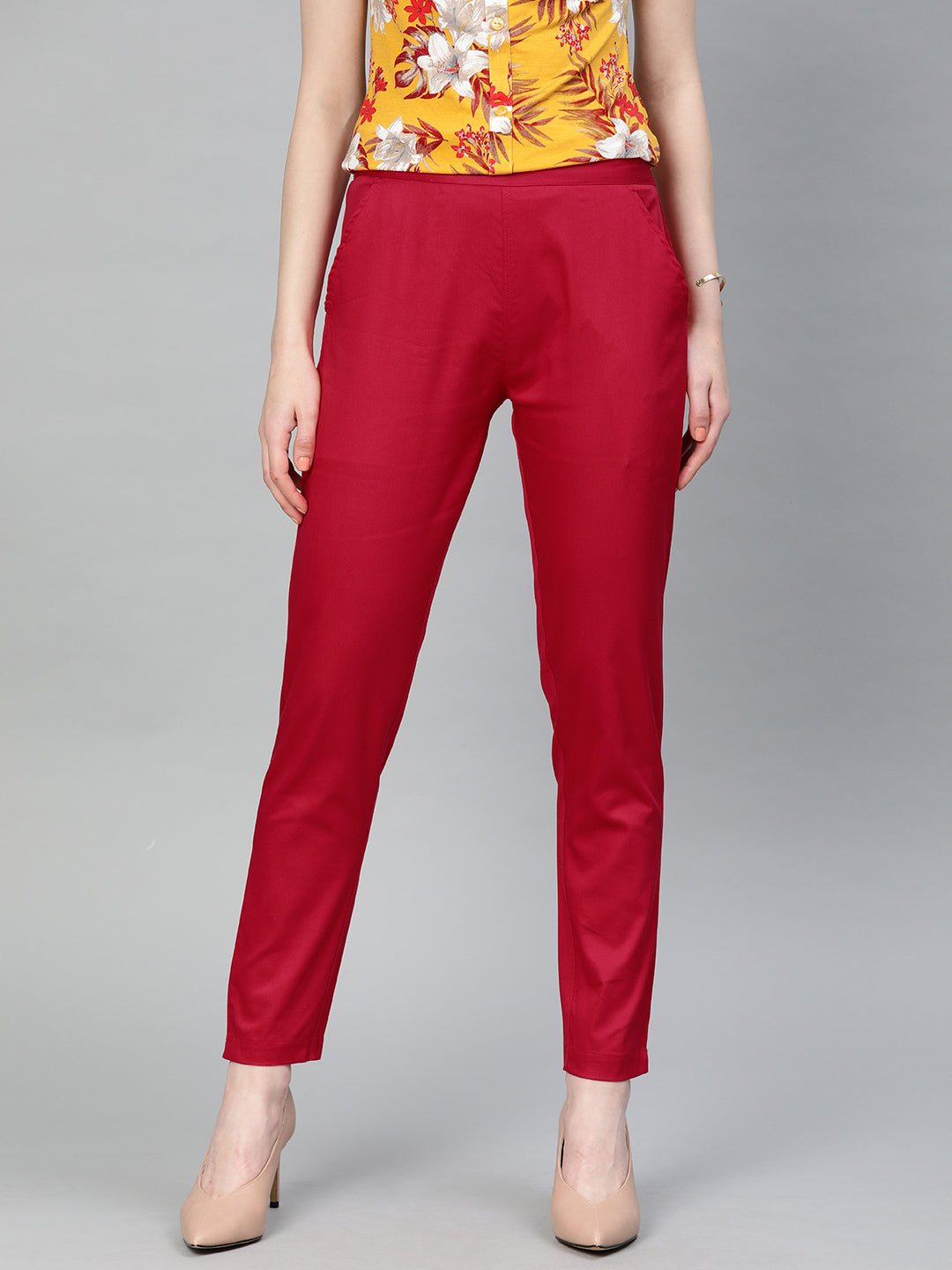 Shop Red Solid Cotton Lycra Pant