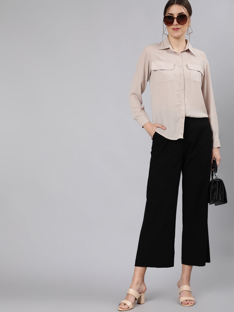 Women Black Solid HighRise Parallel Trousers
