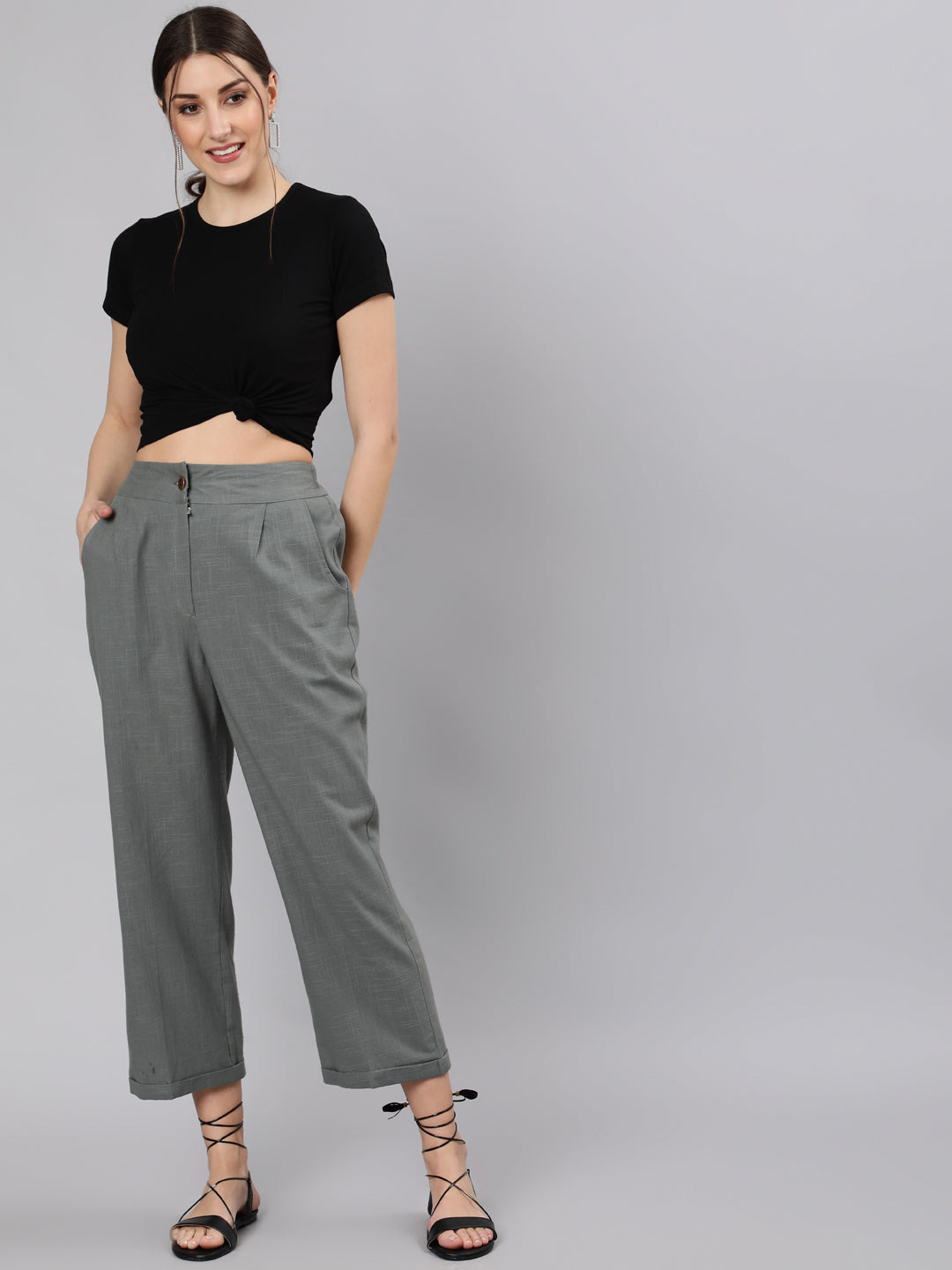 Shop Grey Cotton Slub Straight High Rise Bottom-Fold Pants