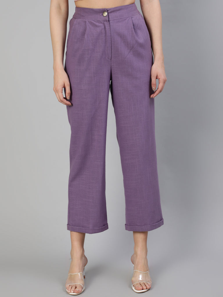 Shop Lavender Cotton Slub Straight High Rise Bottom Fold Pants