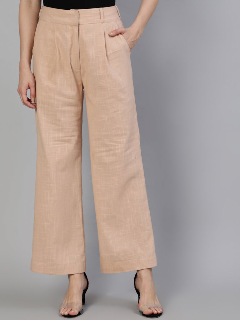 Shop Pink Clay Cotton Slub Flared High Rise Parallel Pants