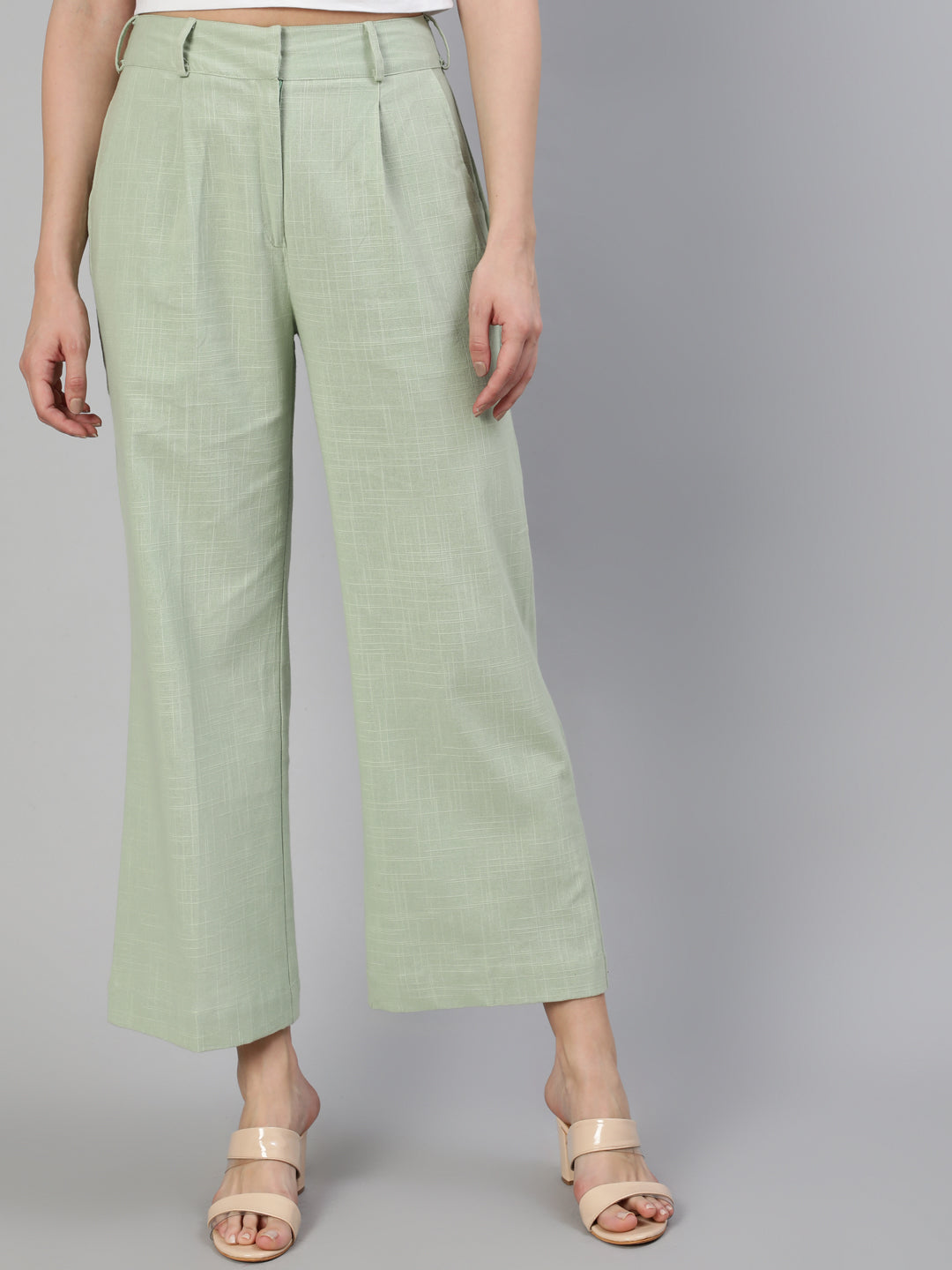 Shop Mint Green Cotton Slub Flared High Rise Parallel Pants