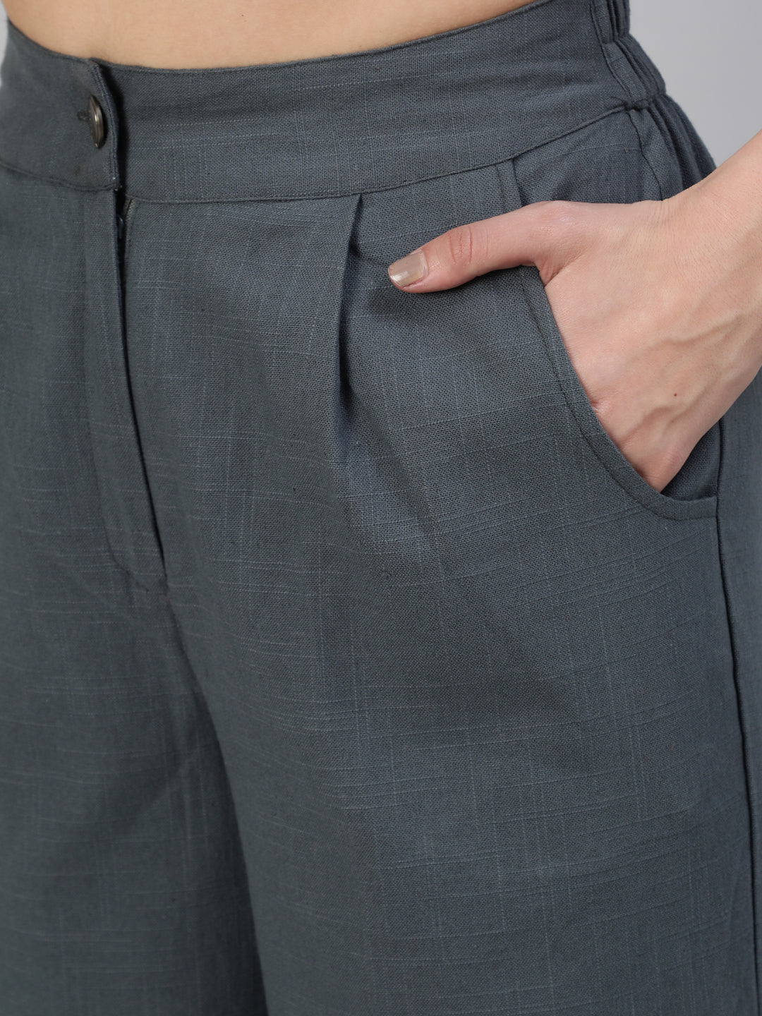 Charcoal Grey Cotton Slub Straight High Rise Bottom Fold Pants