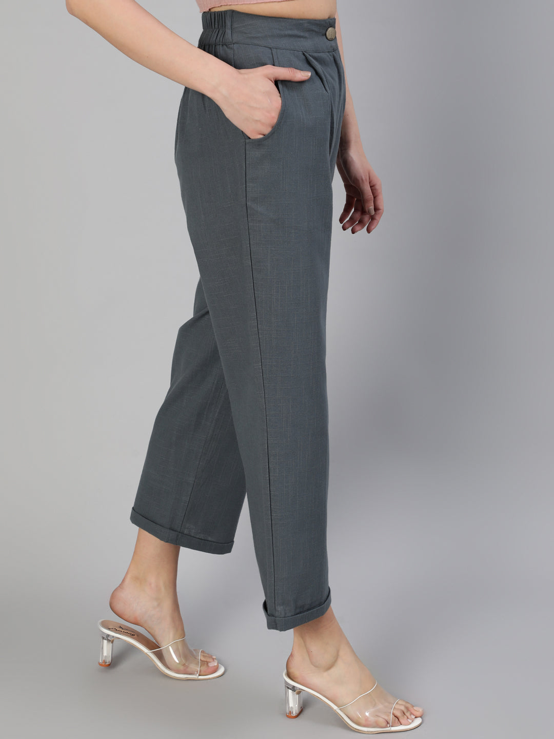 Charcoal Grey Cotton Slub Straight High Rise Bottom Fold Pants