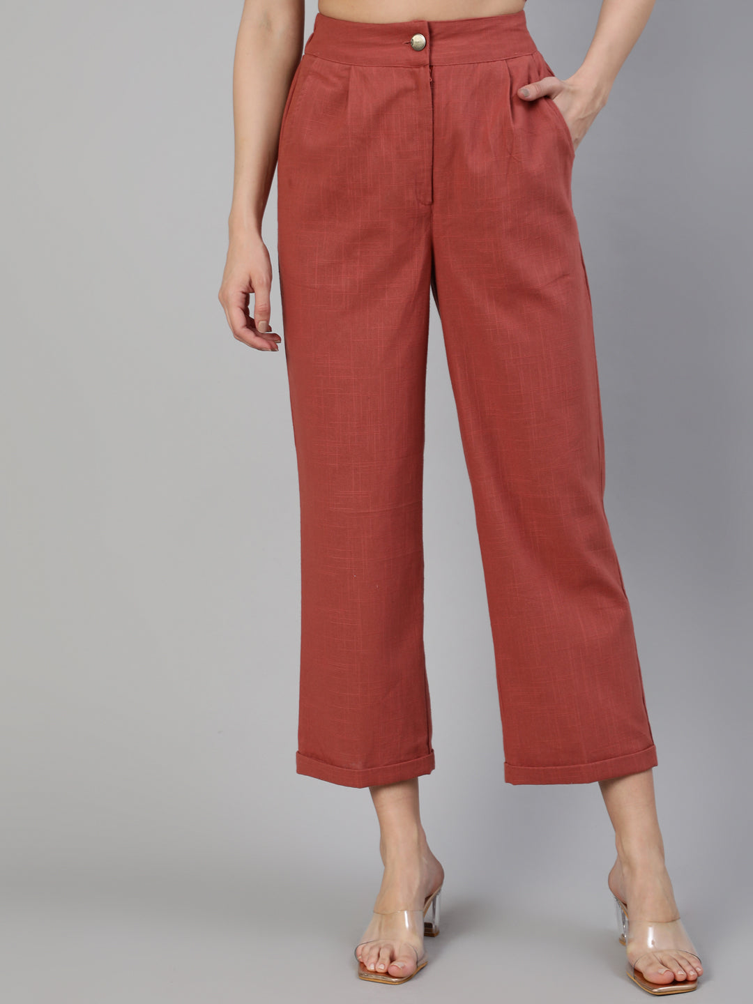 Shop Brick Red Cotton Slub Straight High Rise Bottom Fold Pants