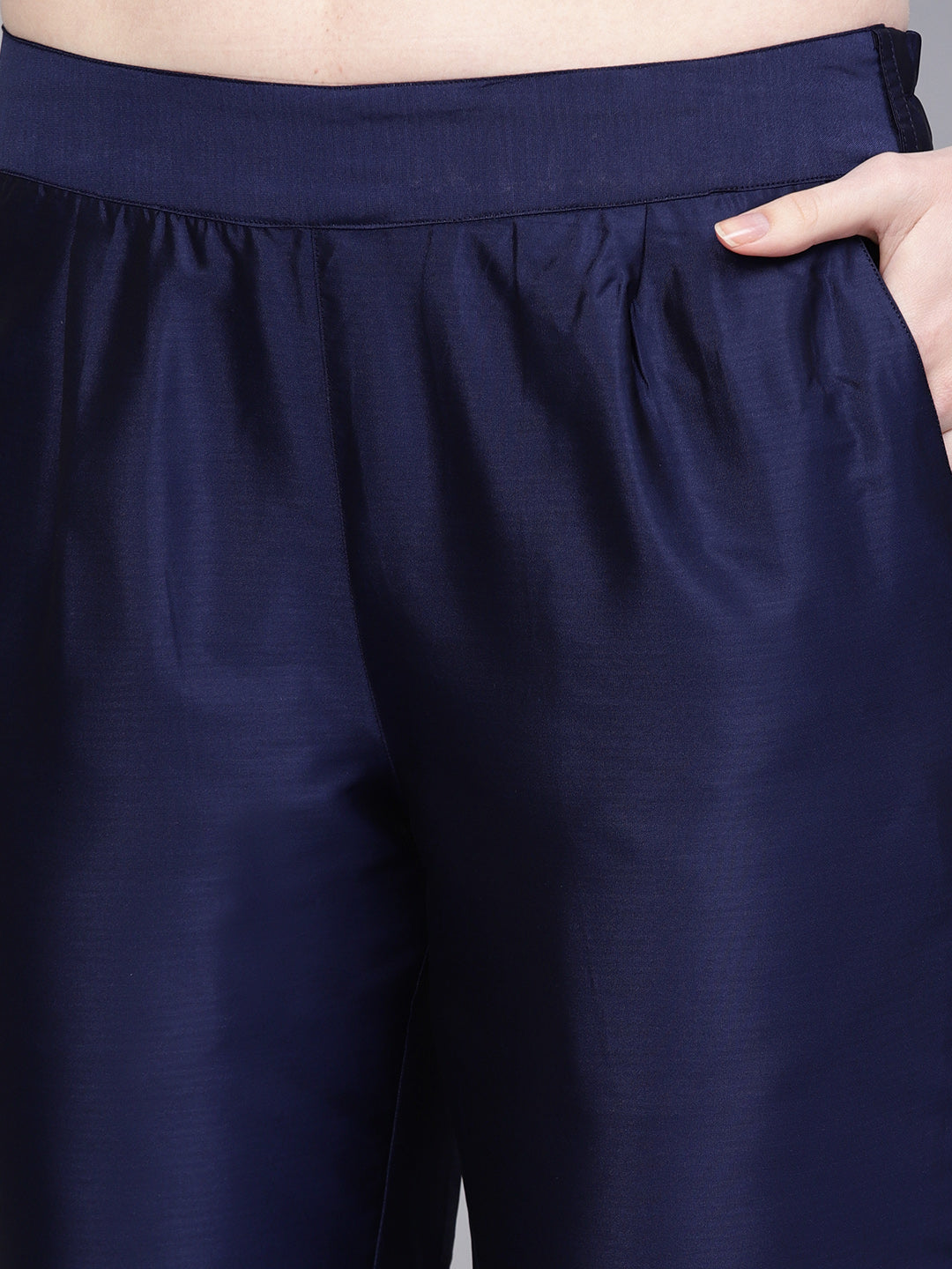 Navy Blue Solid Yoke Design Straight Silk Blend Kurta With Pants
