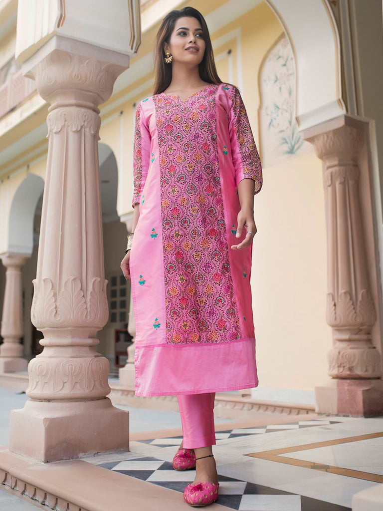 Pink Embroidered Straight Chanderi Kurta With Pants