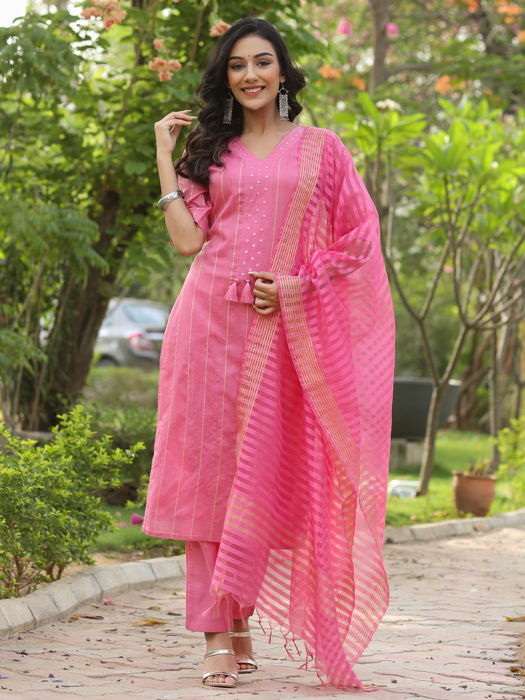 Pink Sequnce Stripe Embroidered Chanderi Kurta With Pants And Dupatta