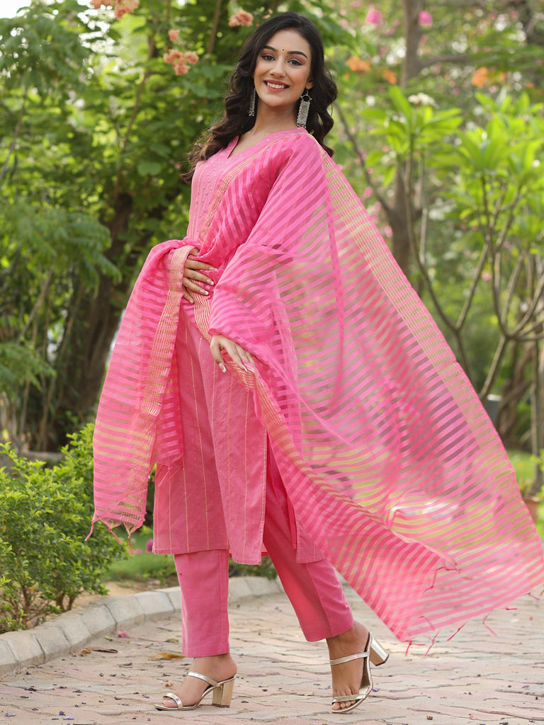 Pink Sequnce Stripe Embroidered Chanderi Kurta With Pants And Dupatta