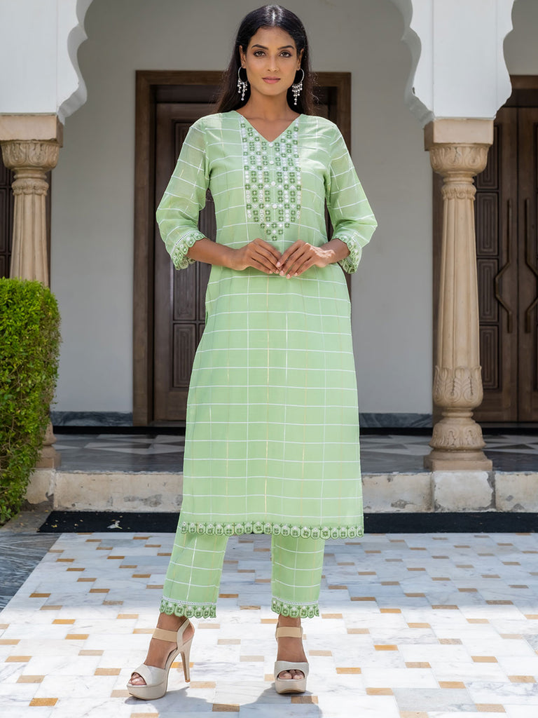 Straight Checks Weave Green Chanderi Kurta And Pants With Embroidery