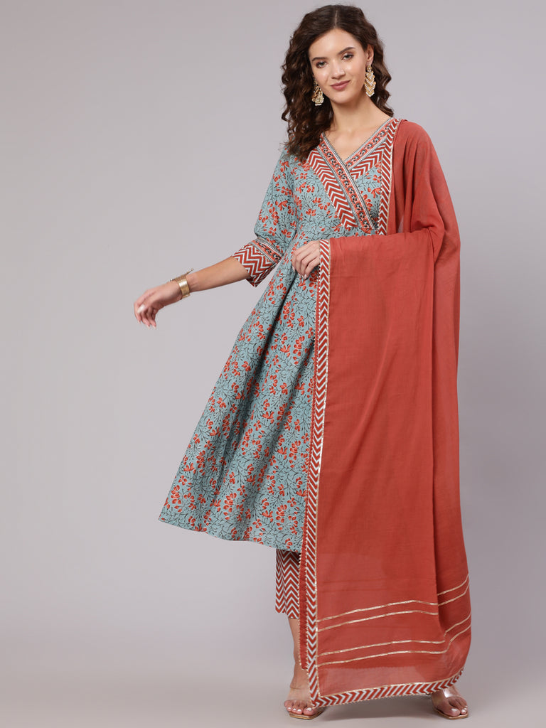Grey Cotton Printed Embellished Anarkali Kurta With Pants And Dupatta