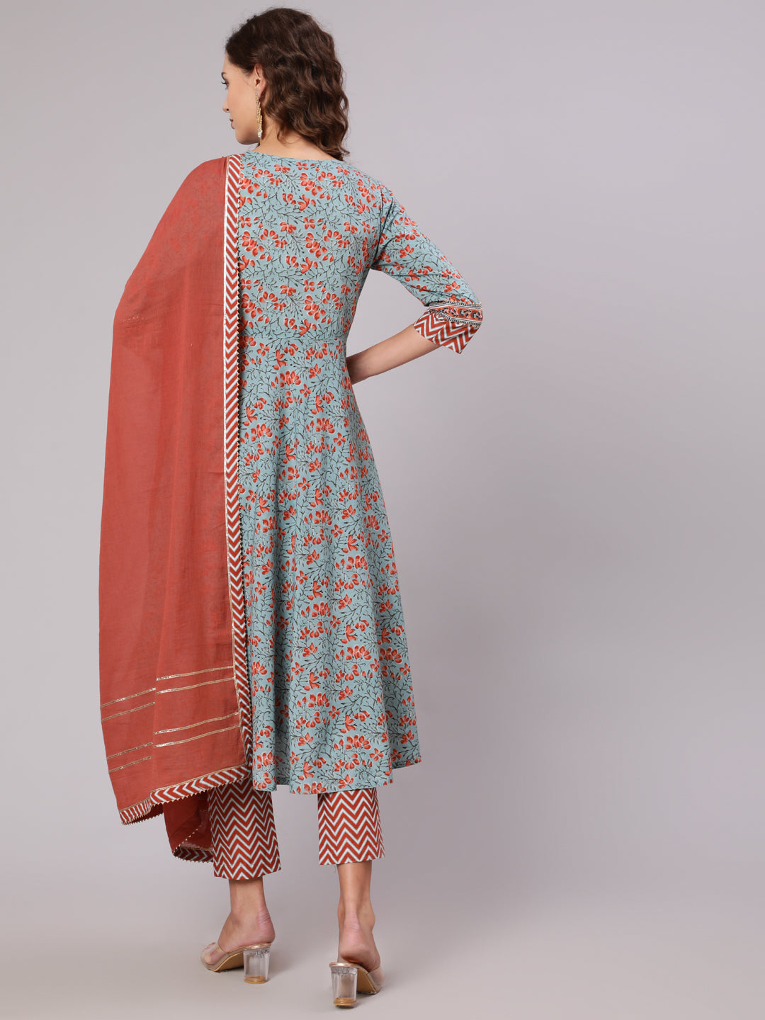 Grey Cotton Printed Embellished Anarkali Kurta With Pants And Dupatta