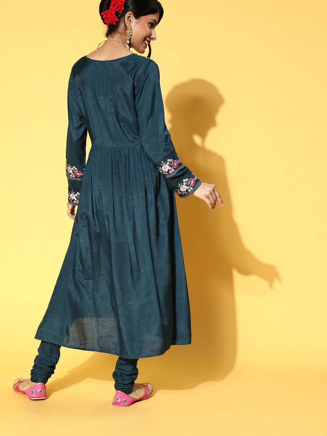 Teal Embroidered Gathers Kurta With Chudidar
