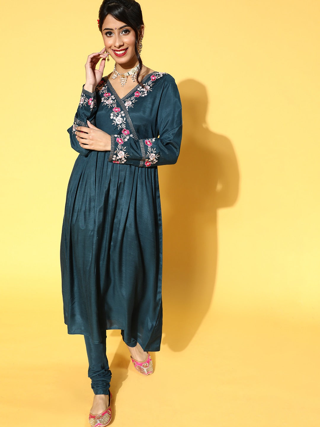Teal Embroidered Gathers Kurta With Chudidar