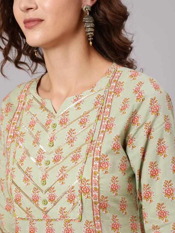 A Green Straight Ethnic Printed Gota Embellished Kurta With Printed Pants And Dupatta