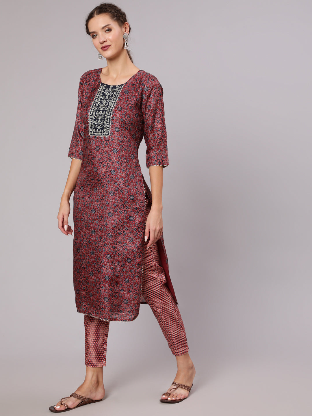 Maroon Silk blend Embroidered printed straight kurta with printed pant & kota doriya dupatta