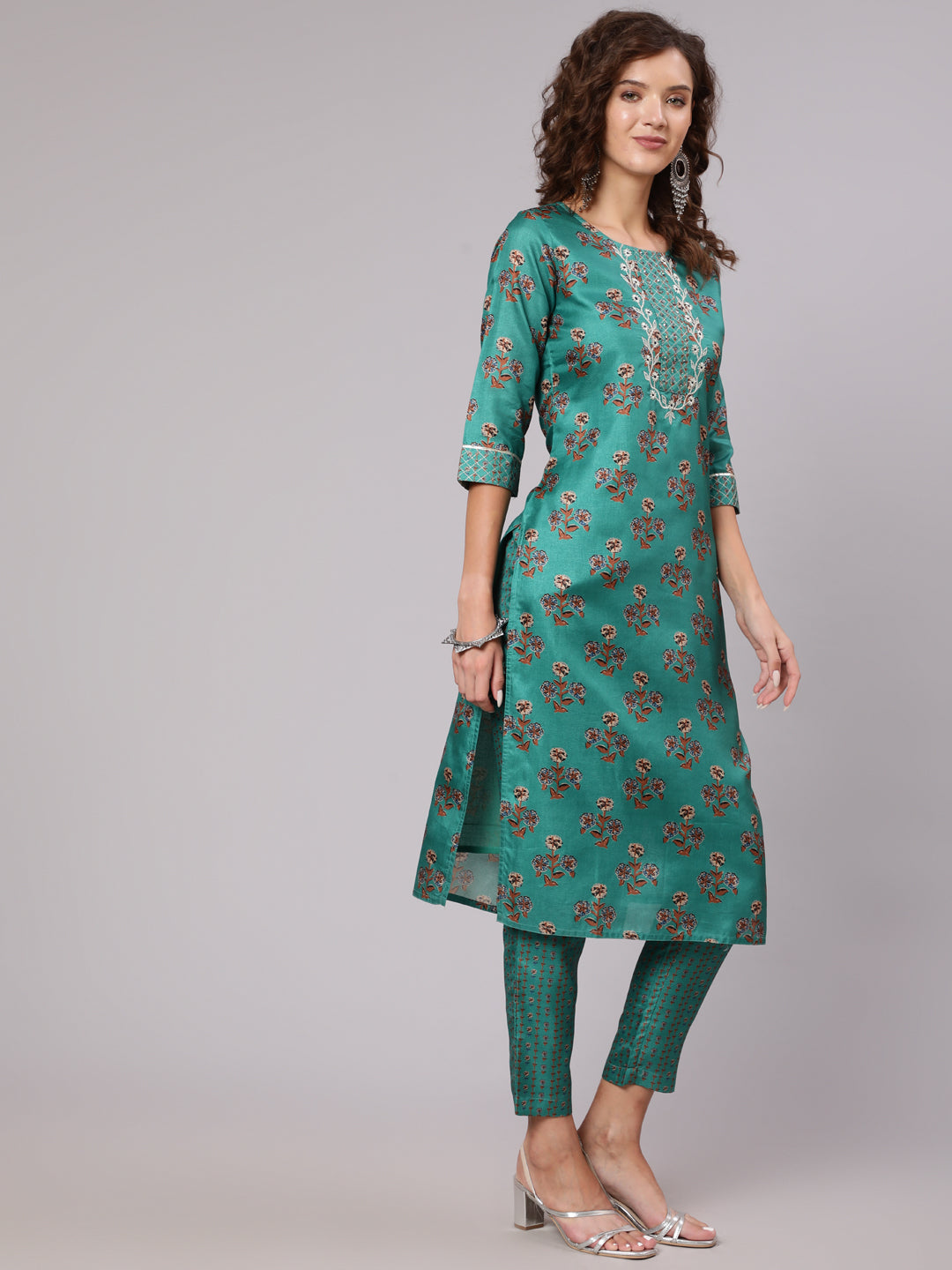 Sea Green Tussar Silk Kurta Has Round Neck, Zari Work In Front Yoke , Three Fourth Sleeves Has Gota Lace, Side Slit, Straight Hem, Cotton Mulmul Lining Attached To It, Printed Silk Blend Palazzo Has Both Side Pocket And Partially Elastic At Waist Ans Has Cotton Mulmul Lining Attached To It., Supernet Printed Dupatta Has Gota Lace All Over The Dupatta.