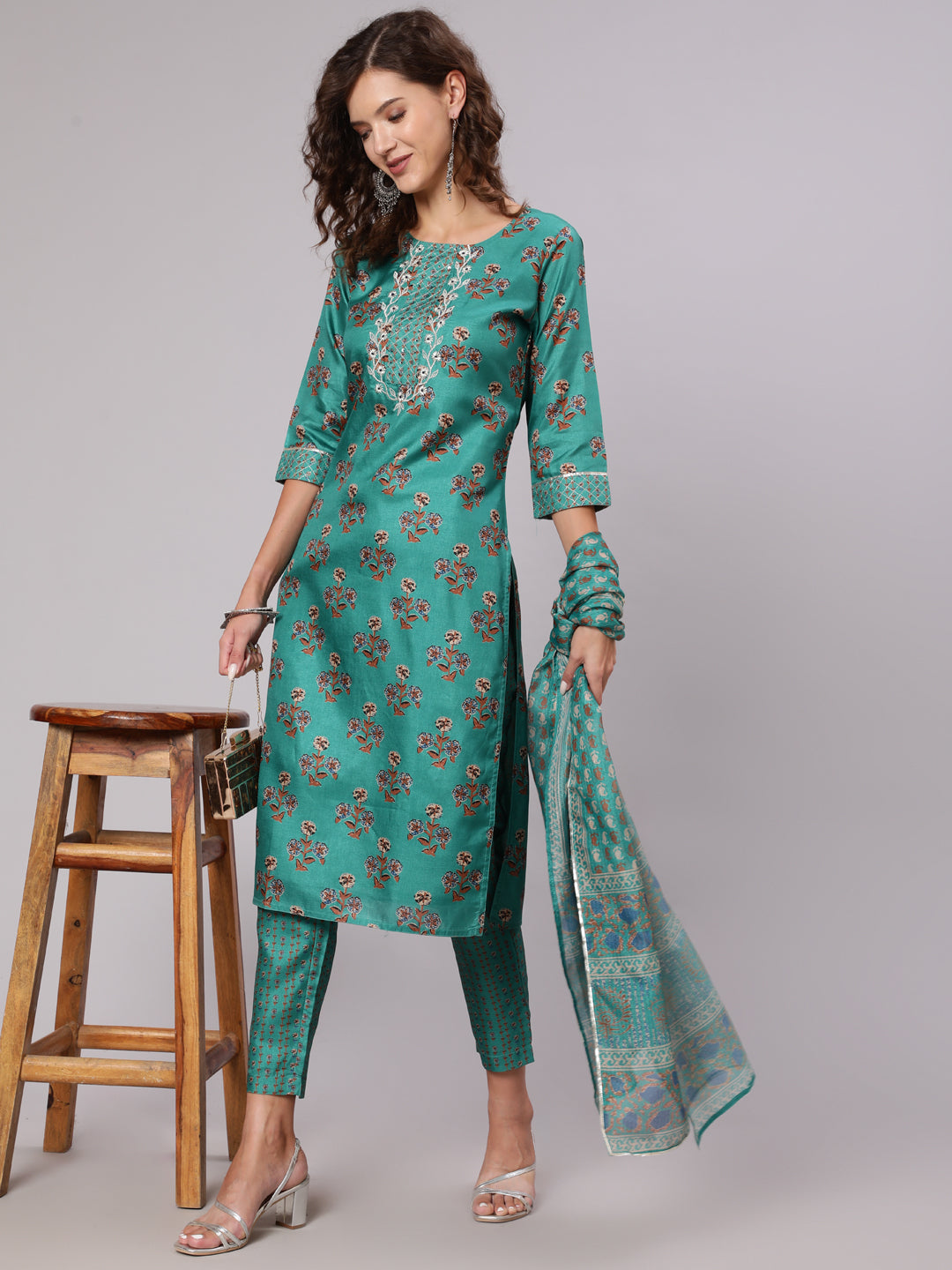 Sea Green Tussar Silk Kurta Has Round Neck, Zari Work In Front Yoke , Three Fourth Sleeves Has Gota Lace, Side Slit, Straight Hem, Cotton Mulmul Lining Attached To It, Printed Silk Blend Palazzo Has Both Side Pocket And Partially Elastic At Waist Ans Has Cotton Mulmul Lining Attached To It., Supernet Printed Dupatta Has Gota Lace All Over The Dupatta.