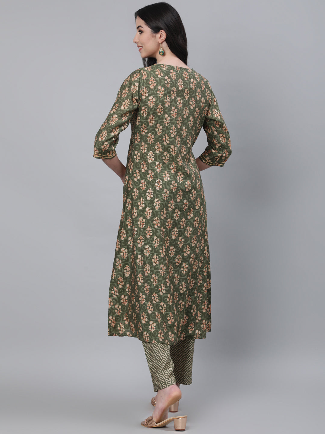 Green Chanderi Ethnic Print A-Line Kurta With Pants