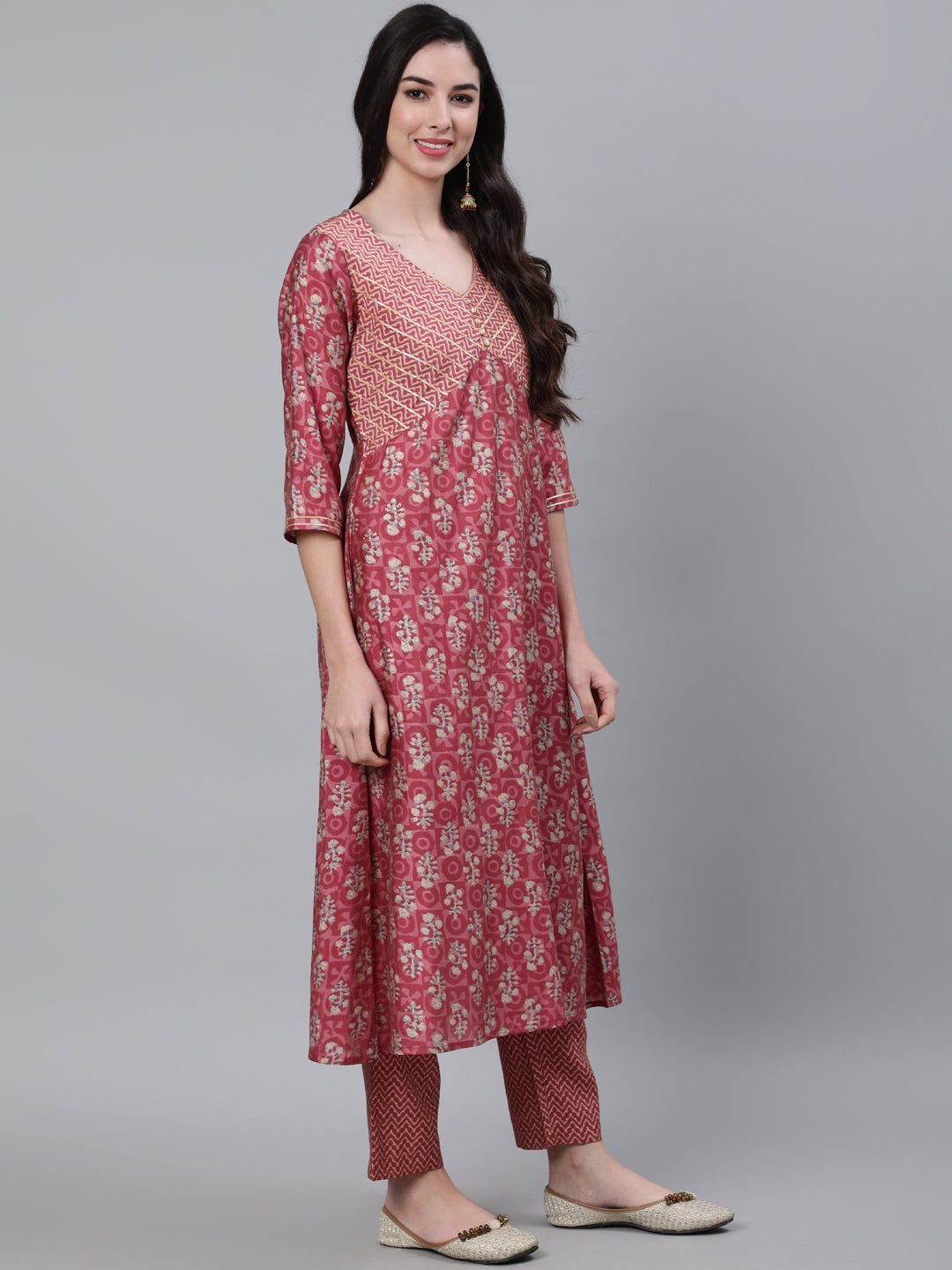 Pink Chanderi Ethnic Print A-Line Kurta With Pants