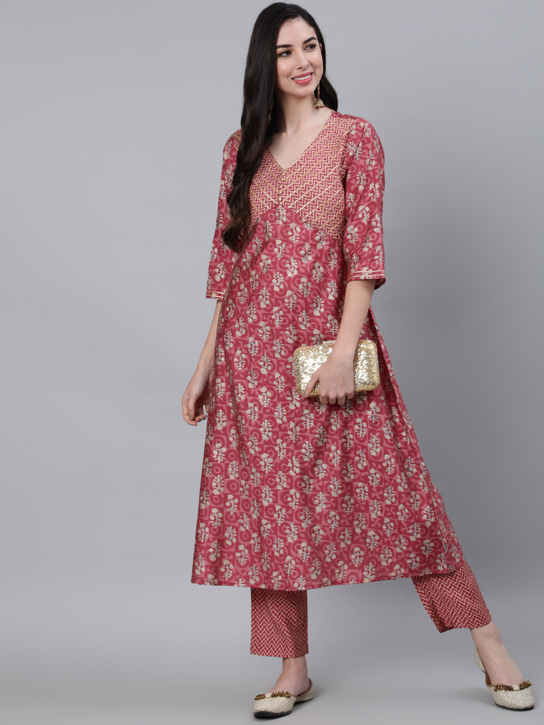 Pink Chanderi Ethnic Print A-Line Kurta With Pants