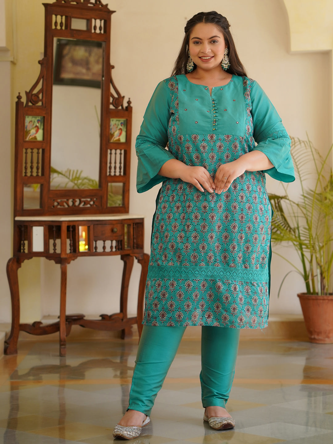 Green Printed Embroidered Kurta With Trousers