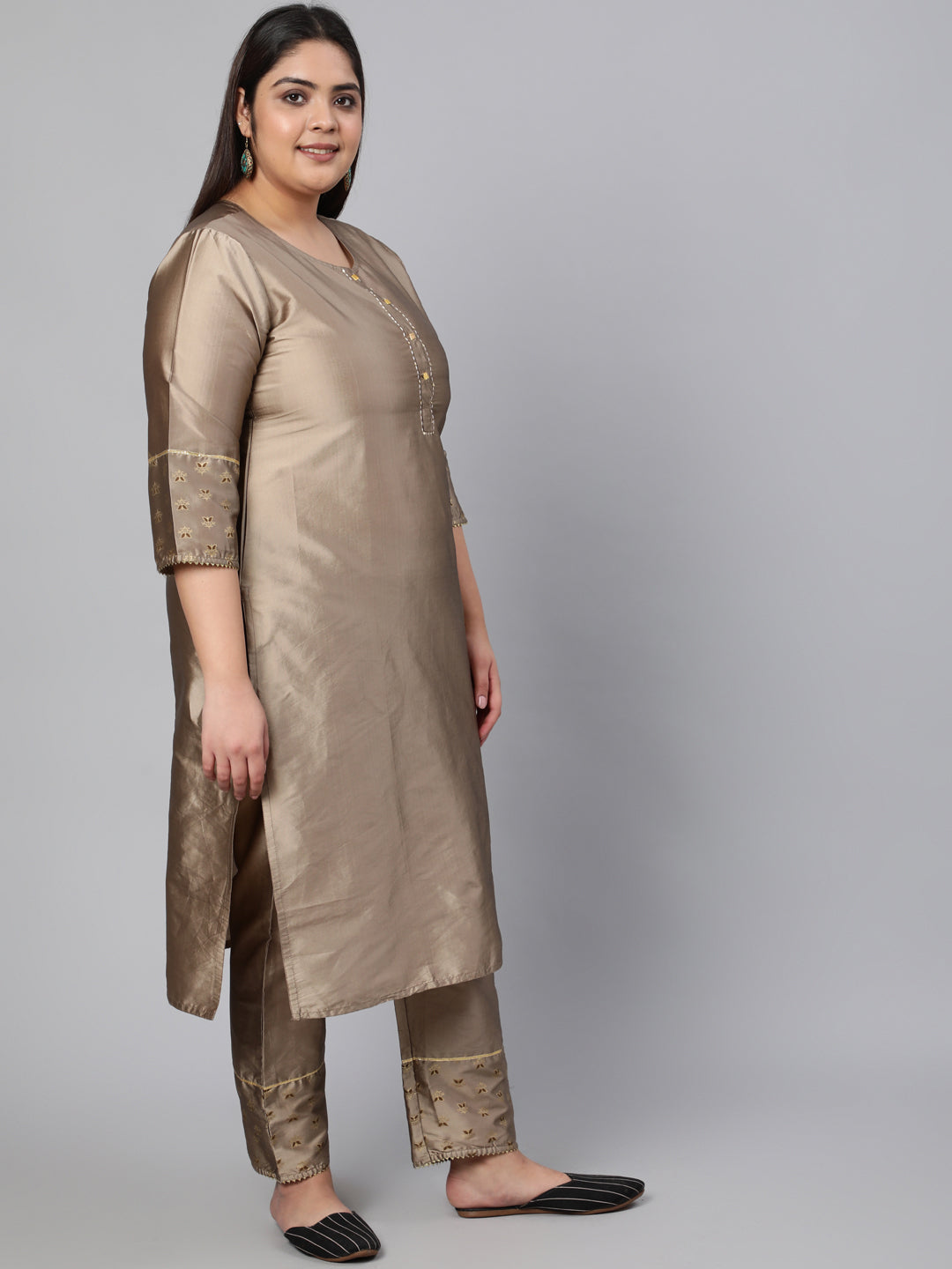Taupe Thread Work Gold Print Silk Blend Kurta With Pant And Dupatta