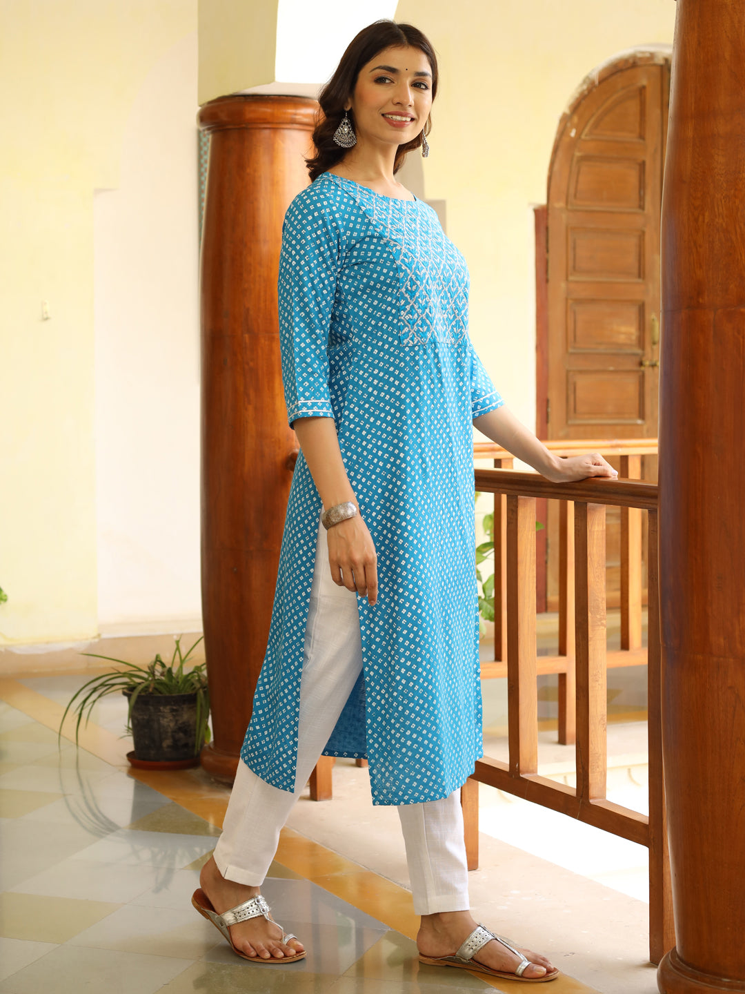 Turquoise Blue Ethnic Printed Straight Rayon Kurta With Embroidered Yoke And Cotton Pants