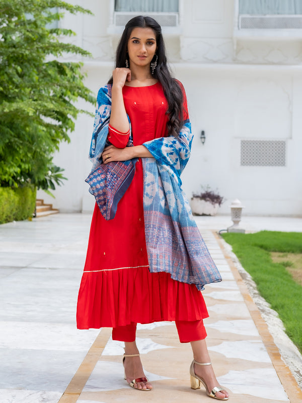 Red Silk Flared Kurta With Pants And Dupatta