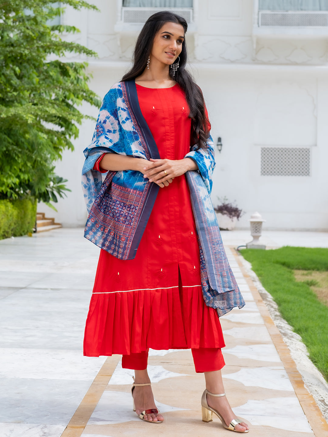 Red Silk Flared Kurta With Pants And Dupatta