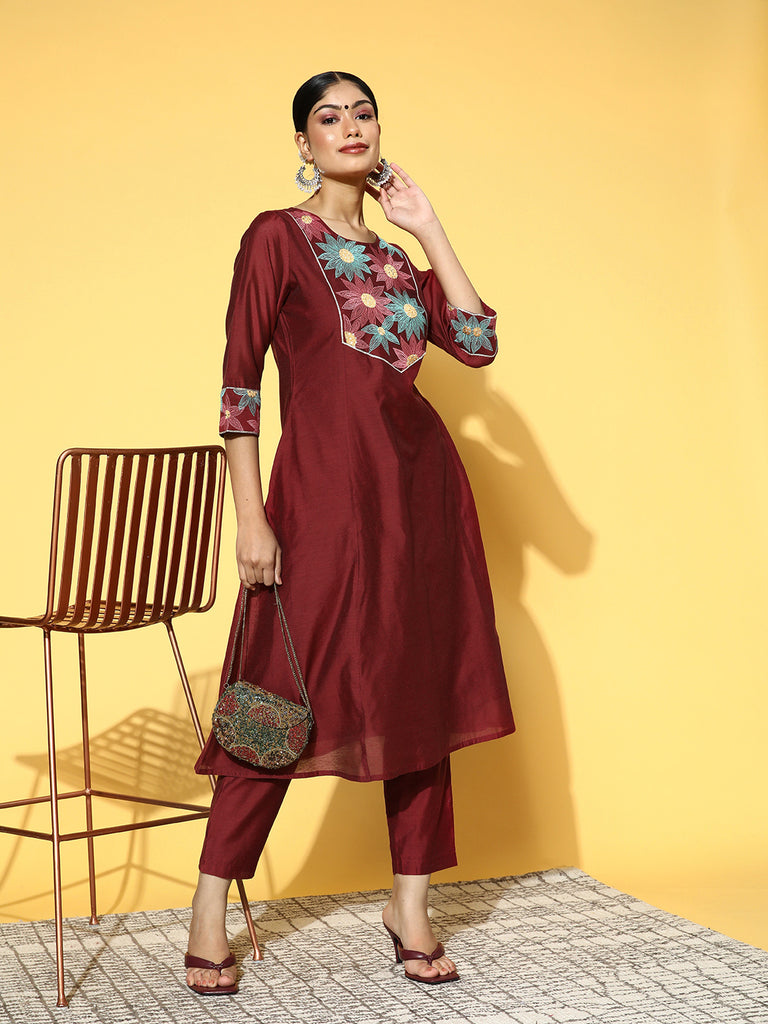 Maroon Chanderi Embroidered A-Line Kurta Has Round Neck With Front Yoke Thread And Sequence Embroidery, Princess Cut, Three Fourth Sleeves Has Embroidery At Hemline With Gota Lace Both Side, Flared Hem, Cotton Mulmul Lining Is Attached To Kurta, Chanderi Solid Pants Has Both Side Pocket And Partially Elastic At Waist