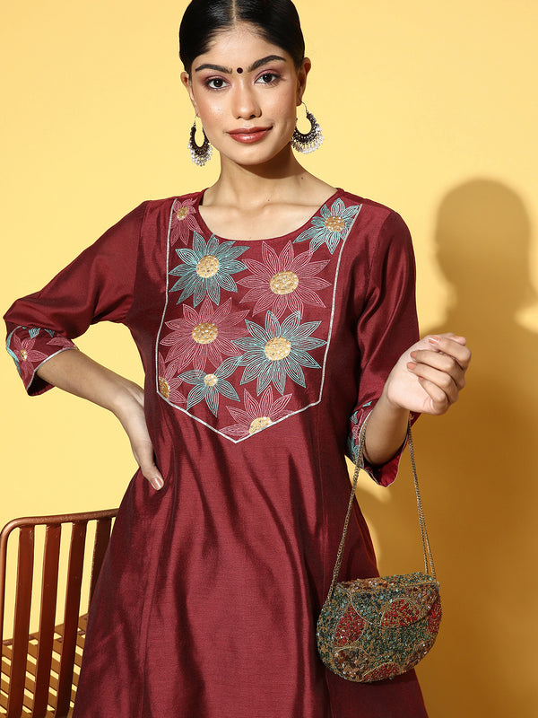 Shop Maroon Chanderi Thread & Sequence Embroidered A-Line Kurta & Solid Pants Online for Women. Explore wide range of Designer Ethnic Wear at Jaipur Kurti