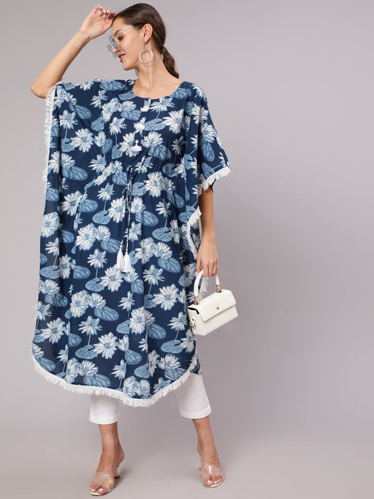 Blue Color Cotton Pigment Floral Printed Kaftan With With Laced Embellishments Paired With Solid White Pants