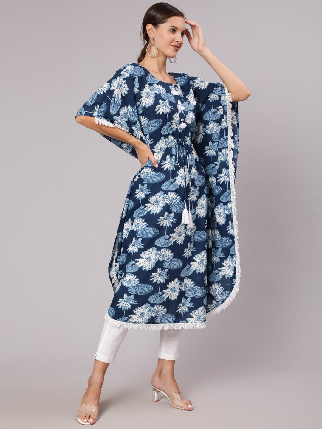 Blue Color Cotton Pigment Floral Printed Kaftan With With Laced Embellishments Paired With Solid White Pants