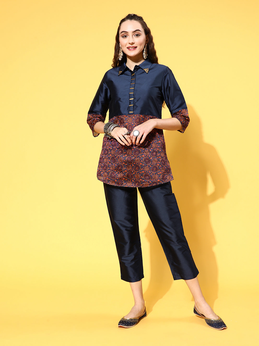 Blue Color Silk And Shifili Embellished Shirt Paired With Solid Silk Trousers