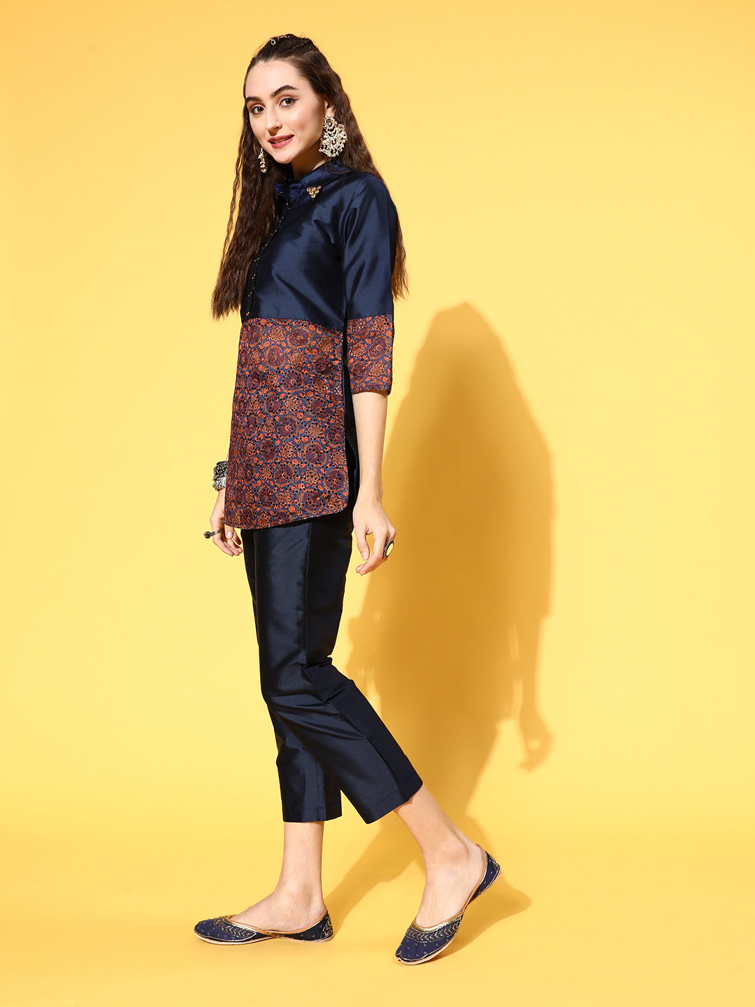Blue Color Silk And Shifili Embellished Shirt Paired With Solid Silk Trousers