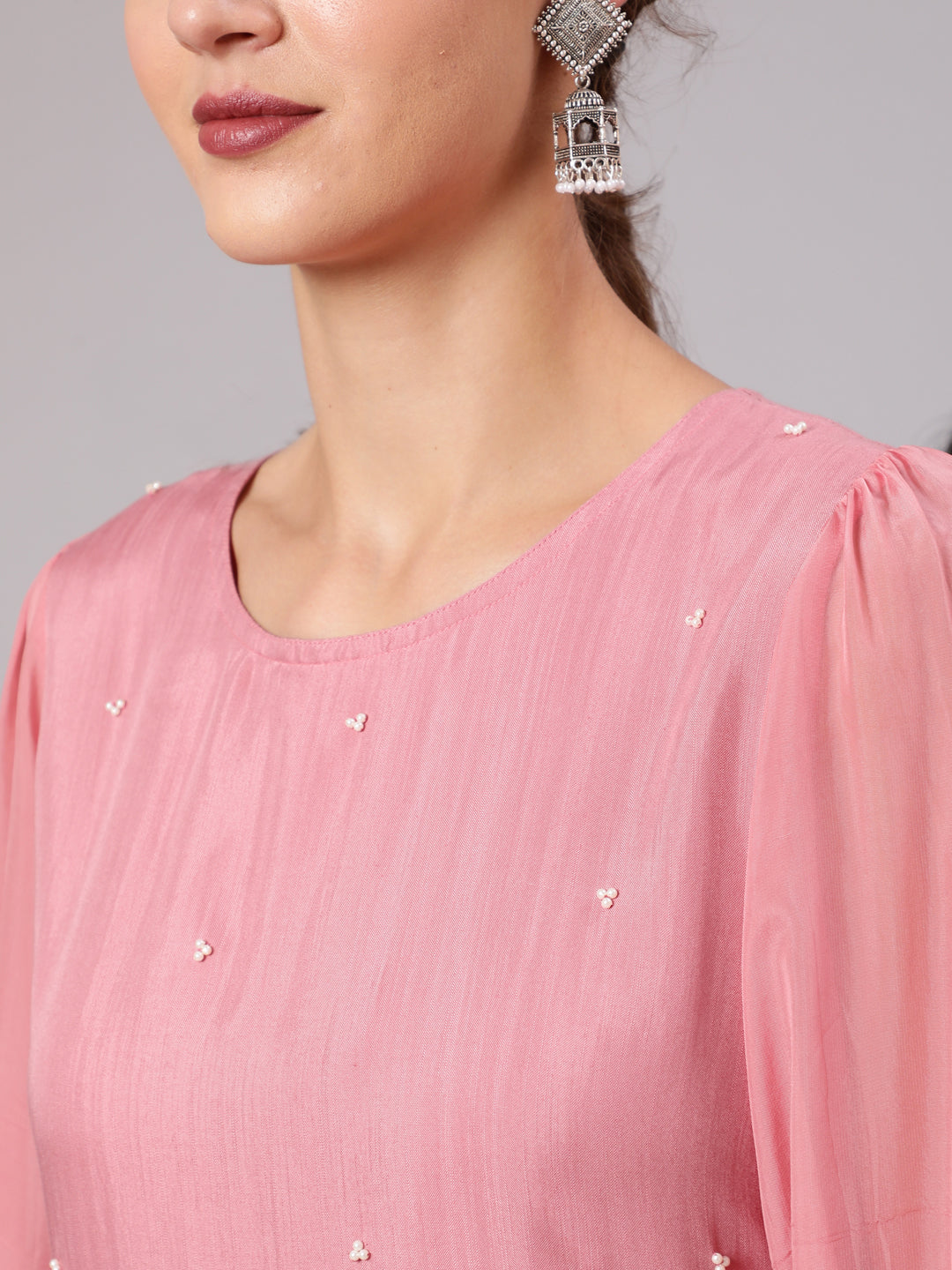 Buy Women Pink Silk Puffed Sleeves Kurta Pant | Jaipur Kurti	Shop Pink Silk Fabric Pearl Embellished Puffed Full Organza Sleeves Straight Kurta & Rayon Pants with Pockets for Women At Jaipur Kurti on Special Discounts