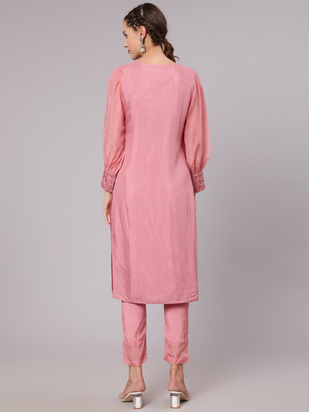 Buy Women Pink Silk Puffed Sleeves Kurta Pant | Jaipur Kurti	Shop Pink Silk Fabric Pearl Embellished Puffed Full Organza Sleeves Straight Kurta & Rayon Pants with Pockets for Women At Jaipur Kurti on Special Discounts