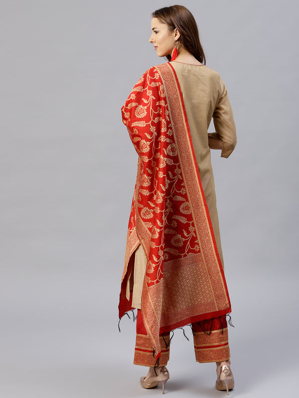 Beige And Red Solid Straight Chanderi Kurta With Palazzo And Dupatta