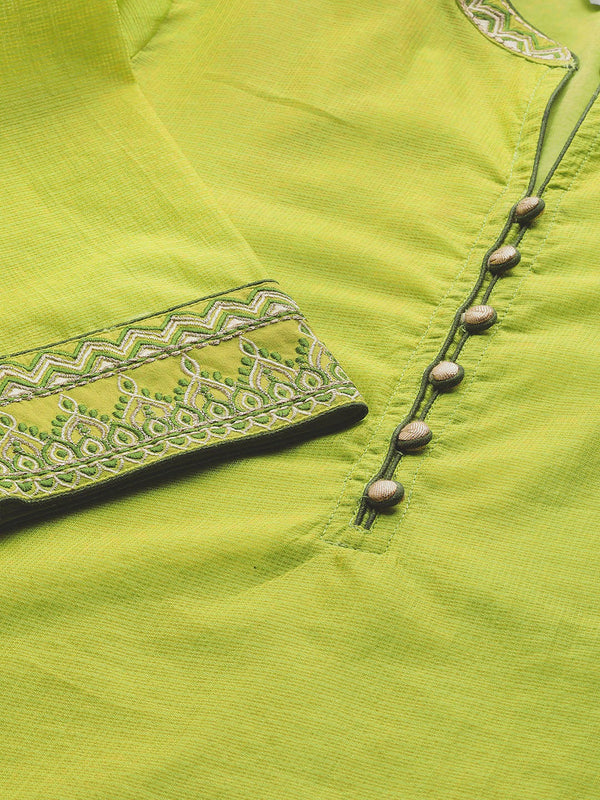 Green Woven Design Straight Silk Blend Kurta With Palazzo And Dupatta