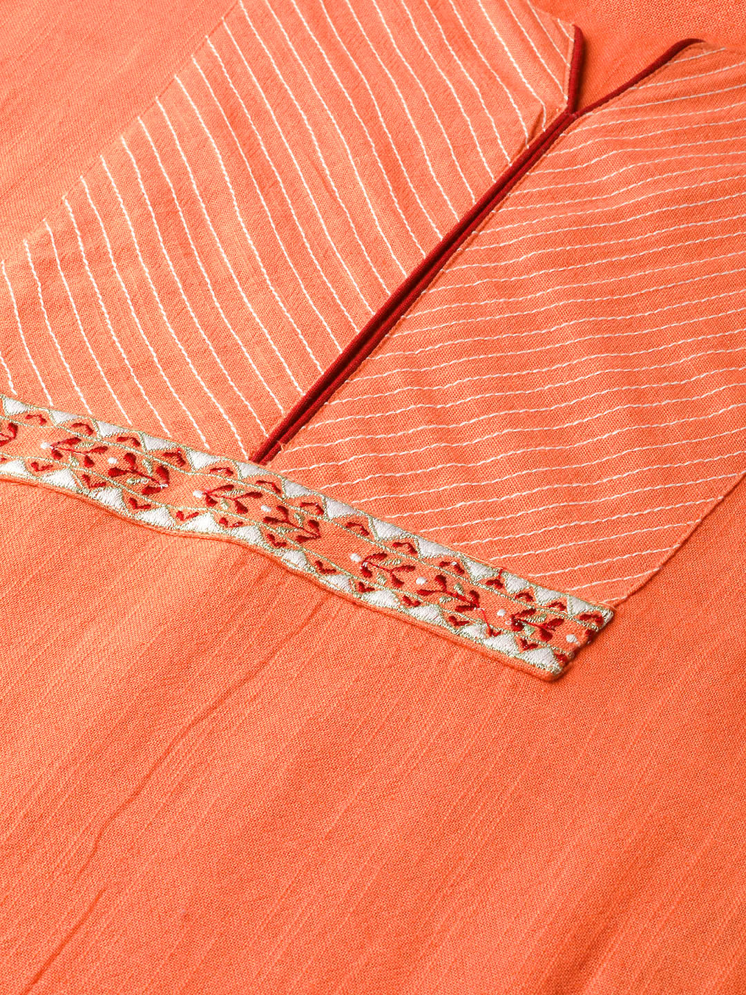 Peach Cotton Slub Embroidered Straight Kurta With Solid Rayon Maroon Palazzo.