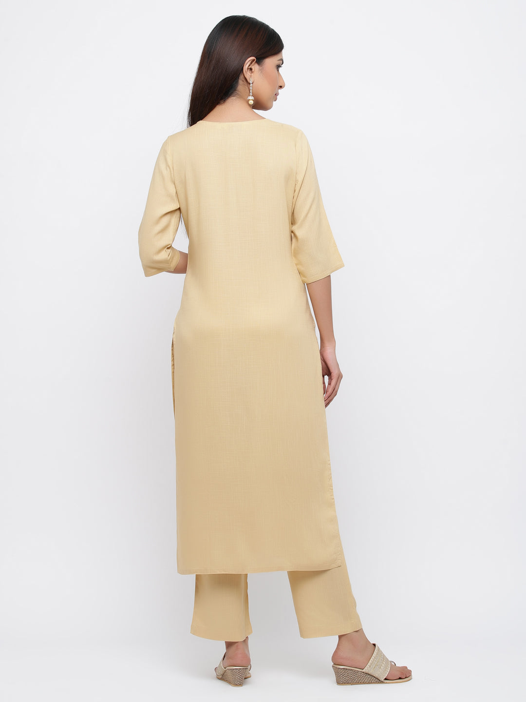 Beige Solid Straight Blended Kurta With Palazzo