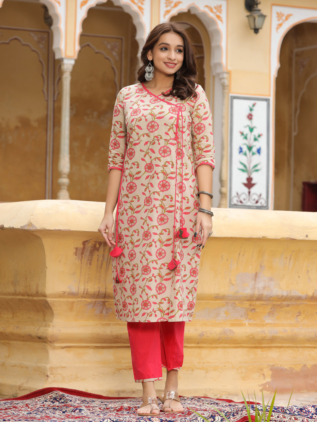 Beige Ethnic Print Angrakha Style Cotton Kurta With Palazzo