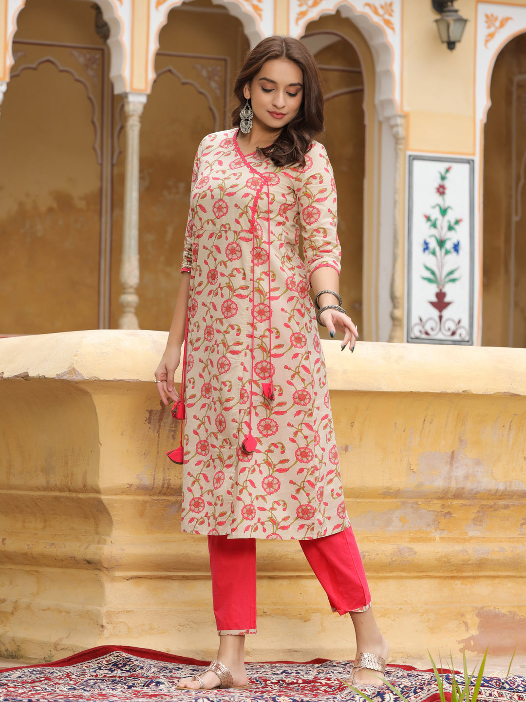 Beige Ethnic Print Angrakha Style Cotton Kurta With Palazzo